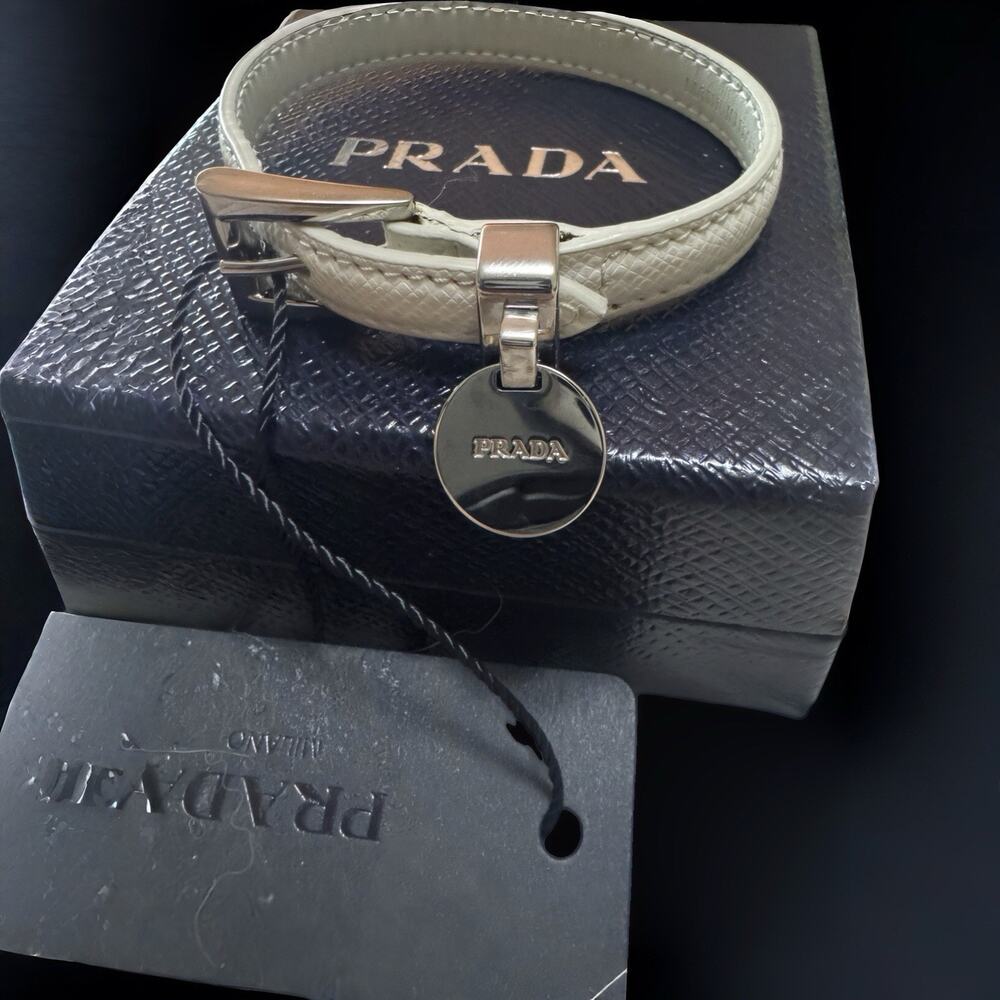 PRADA Saffiano Leather Wrap Bracelet White Silver Logo Charm NWT Made Italy